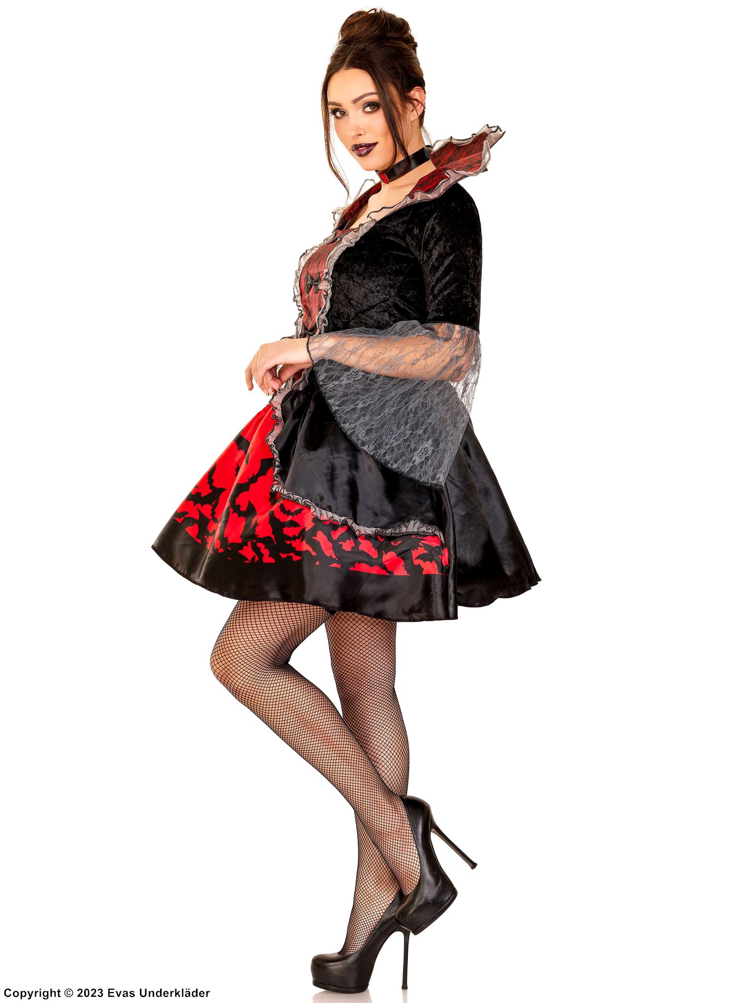 Kvinnelig vampyr, kostyme-kjole, fløyel, bånd, blonderinnlegg, flaggermus
